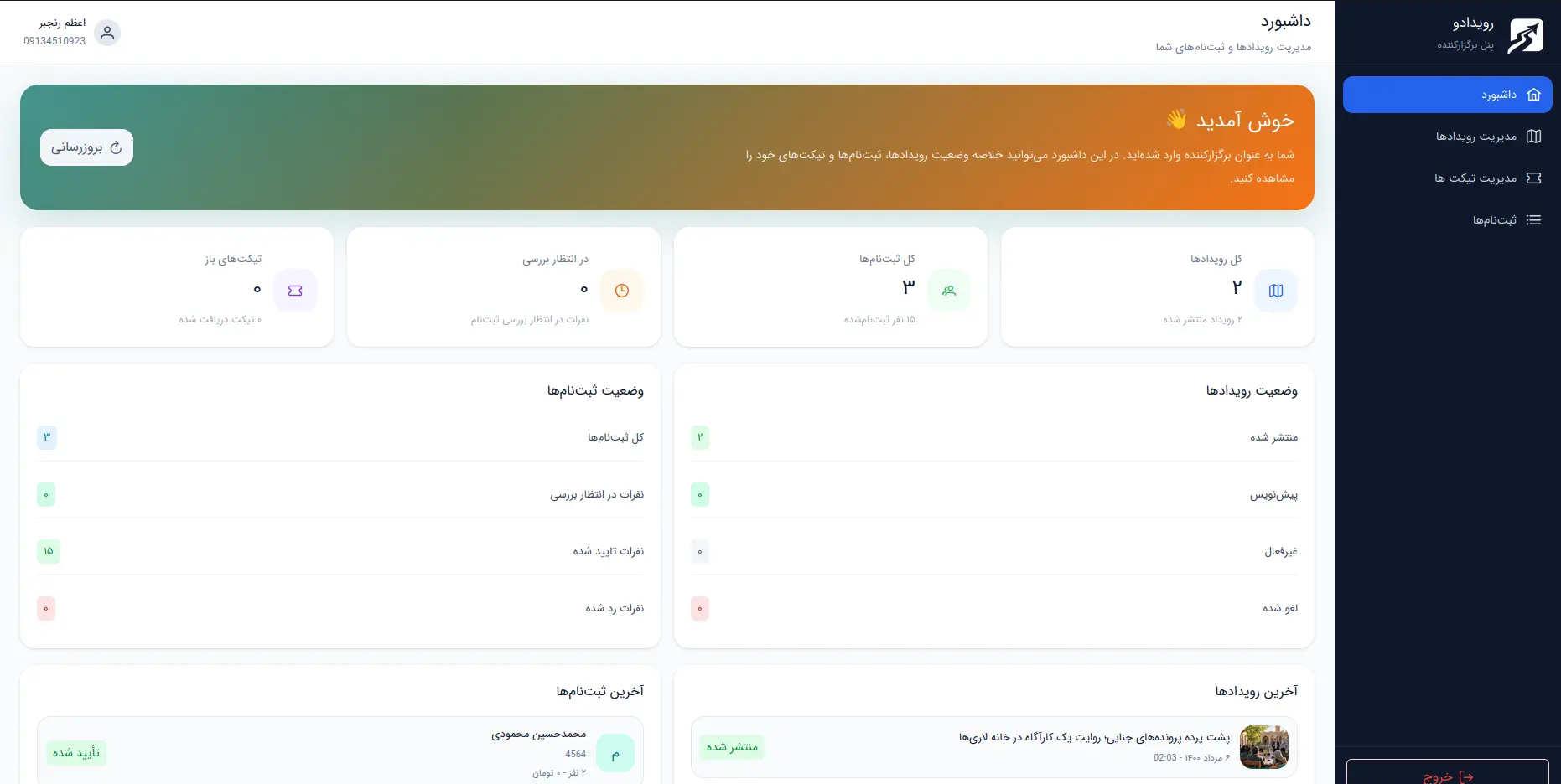 نمای پنل برگزارکنندگان رویدادو